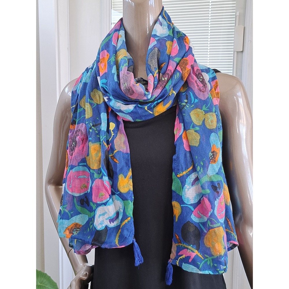 Hallmark Blue Floral Scarf Tassel Trim Lightweight Rectangular Wrap 27x72 New
